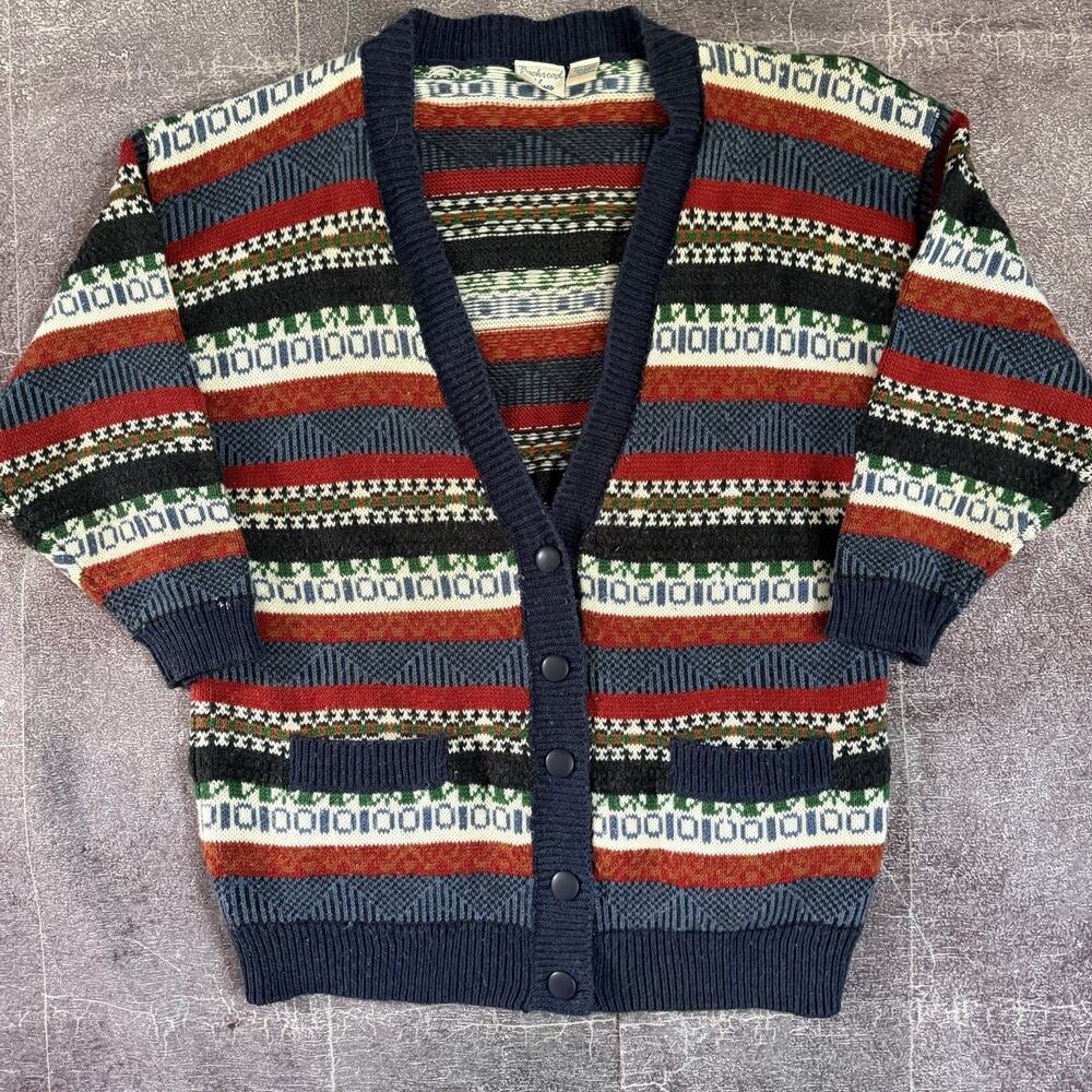 Women's Vintage 90's Backroad Blues Blue Red Tribal Aztec Cardigan Sweater Sz XL